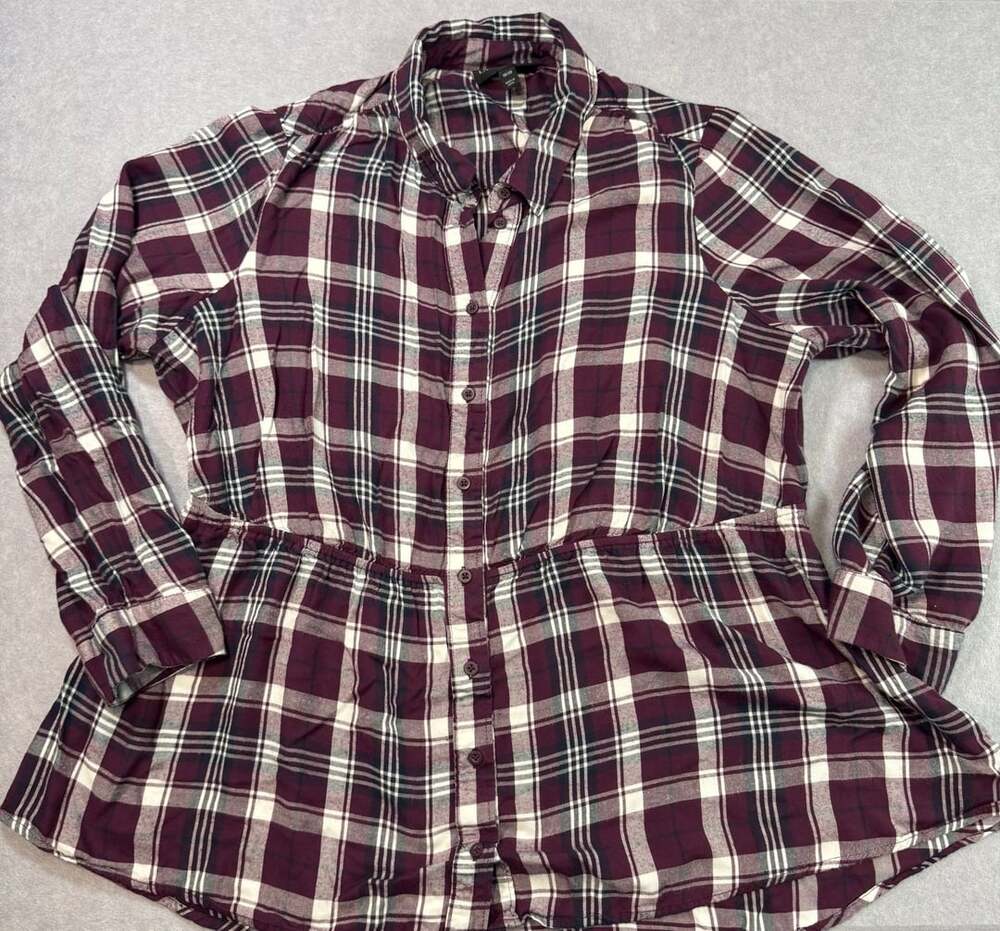 Lane Bryant 14/16 No-Peek Button-Front Plaid Elastic-Waist Top
